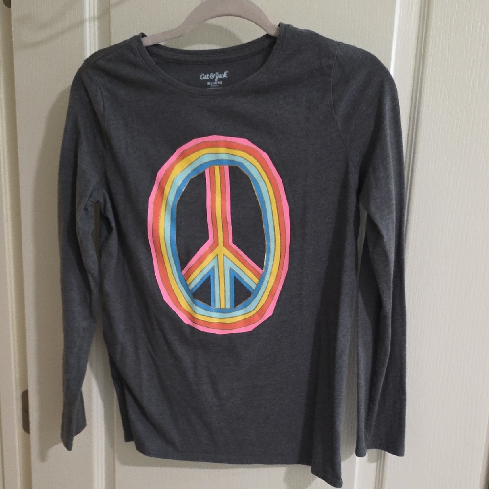 Cat & Jack Charcoal Long-Sleeve Tee with Neon Peace Sign - Pink, Yellow, Blue